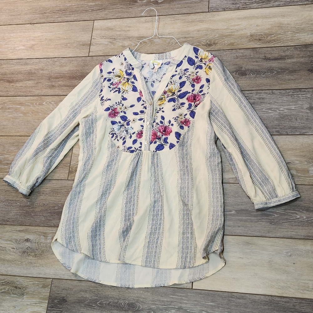 Anthropologie Floral Embroidered Tunic in Cream and Blue